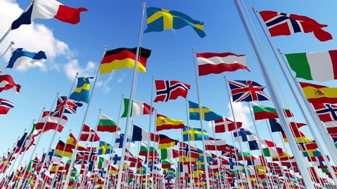 Flags of European countries on flagpoles waving on the wind against blue sky. View from below. Three dimensional rendering animation.