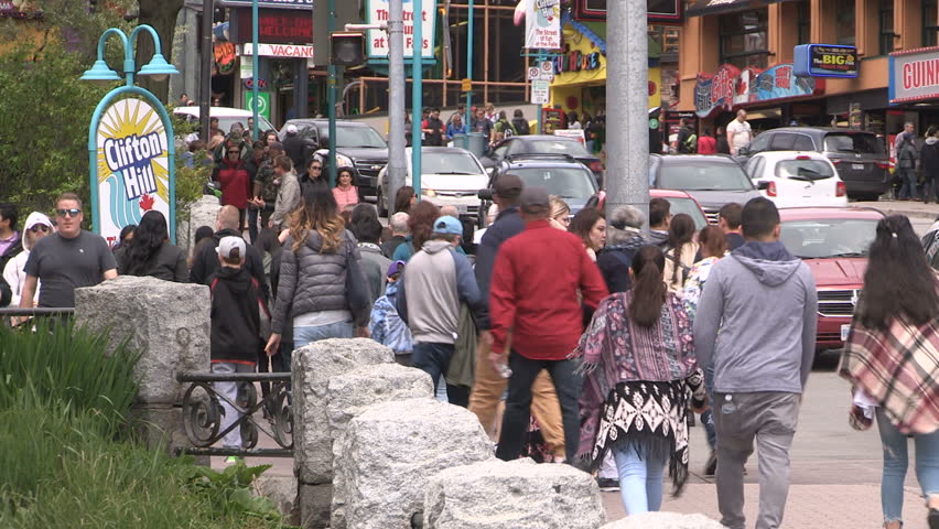 Niagara falls, Ontario, Canada May 2017 Crowds of tourists and people on main street Niagara falls on holiday weekend