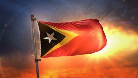 East Timor Flag Backlit At Beautiful Sunrise Loop Slow Motion 3D Rendering 4K