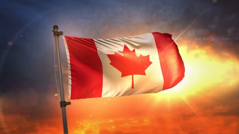 Canada Flag Backlit At Beautiful Sunrise Loop Slow Motion 3D Rendering 4K