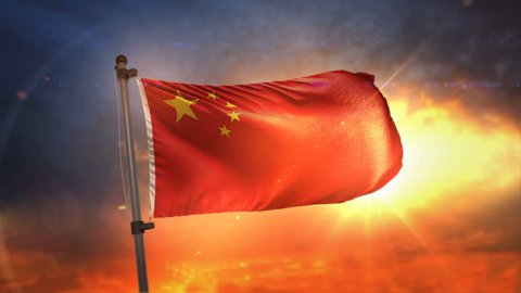 China Flag Backlit At Beautiful Sunrise Loop Slow Motion 3D Rendering 4K