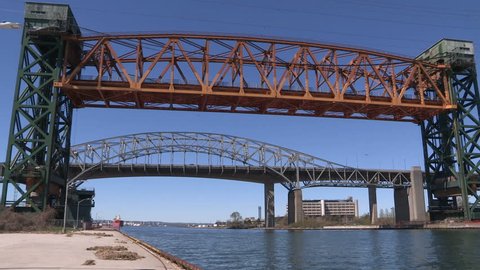 Hamilton, Ontario, Canada May 2017 Iron and steel lift bridge over canal on lake Ontario