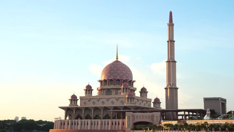 Footage scenery of Putrajaya Mosque or Masjid Putra while waiting for sunset. Wonderful color of sky on the background. 