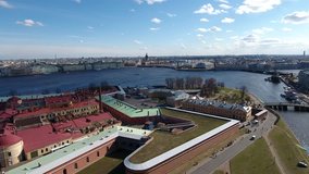 Aerial drone video with view of Peter and Paul Fortress in St.-Petersburg, views of Neva River, Finnish Bay, Russia