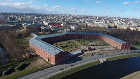 Aerial drone video of Military Historical Museum of Artillery, Engineers and Signal Corps, in St.-Petersburg, views of Neva River, Finnish Bay, Russia