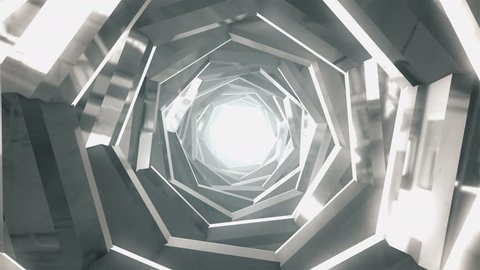 4K Abstract technology tunnel. Silver metal construction sharp corners with reflections the camera rotates and moves forward towards the White light. Dynamic background for project
