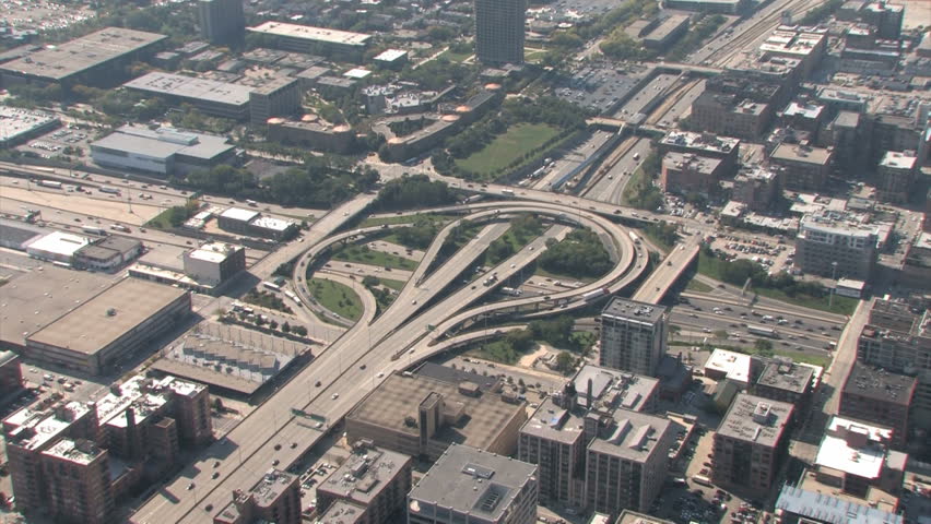 Aerial view of highway interchange in Chicago, Illinois