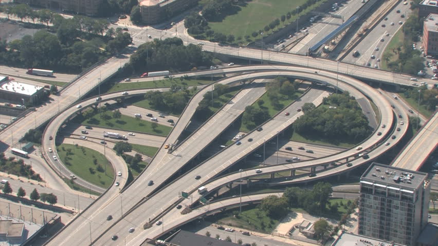 Aerial view of highway interchange in Chicago, Illinois
