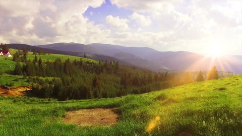 Aerial Drone Footage View: Flying from the forest over spring mountains, hills and meadows with pine forests in sun soft light. Fly out. Carpathian Mountains, Romania, Europe. Beautiful landscape.