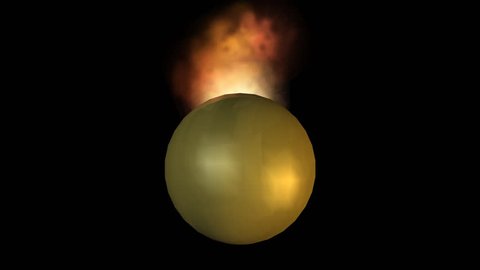Burning gold balls, explosion, flying particles, abstract video on black background