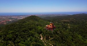 Aerial footage. Beautiful view of Palace of Pena, Sintra, Portugal