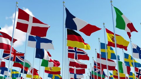 Flags of European countries - All EU members on flagpoles waving on the wind against blue sky. Three dimensional rendering animation.