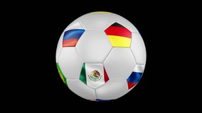 Confederations Cup 2017. Spin of soccer ball with animated flags of Russia, Germany, Australia, Chile, Mexico, New Zealand, Portugal and Cameroon. . Seamless looping video. 3D rendering. Black screen.