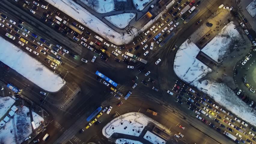 Preobrazhenskaya square with transport congestion on crossroad at winter evening. Aerial view | Shutterstock HD Video #27149257