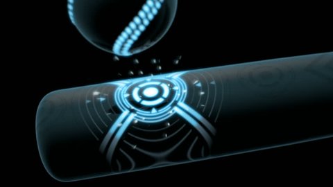A sports concept closeup of a futuristic baseball bat and ball with neon lights and glows connecting in slow motion on an isolated dark background
