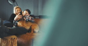 Couple playing with dog in spare time. Lifestyle background.