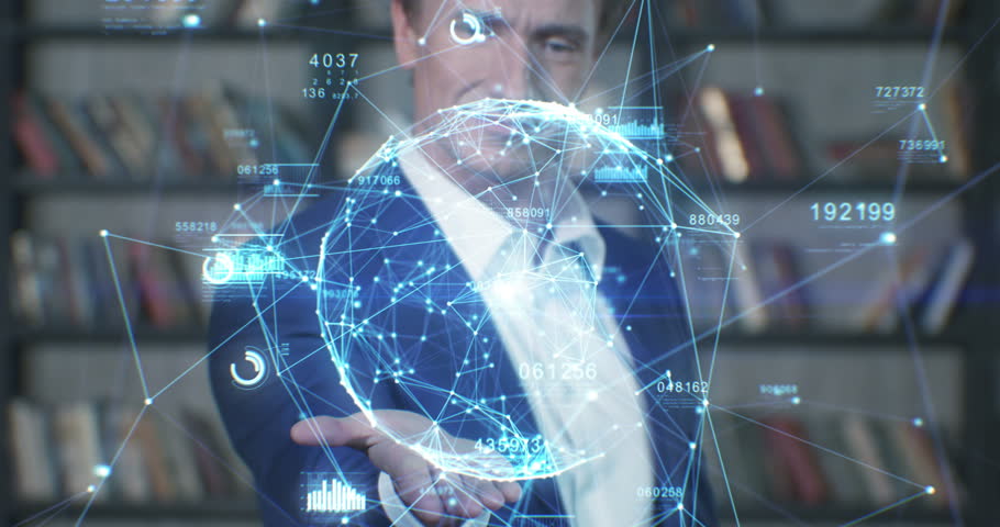 Beautiful Hologram Slow Motion Portrait Successful Businessman Working with Futuristic Technological Blue Hologram Analyzing Data. Business Concept. Businessman Series 4K UHD 4096x2160 3d animation. Royalty-Free Stock Footage #27167386