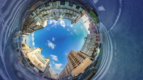 Spherical, Panorama Video 360 Degree Rabbit Hole Planet. Time Lapse. Transportation in Kiev. Downtown Area, Plaza. Traffic, Cars Are Driven by Road, Marking Close Up. Vacation in Famous Old City.