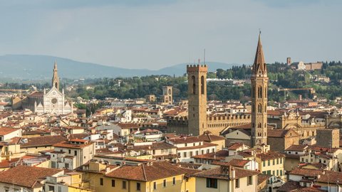 Florence. Panoramic view from Giotto's Bell Tower (Campanile di Giotto) towards Palazzo Vecchio and the Basilica di Santa Croce.