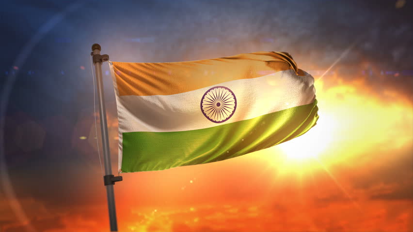 India Flag Backlit At Beautiful Sunrise Loop Slow Motion 4K
