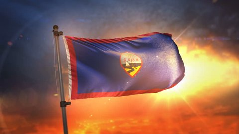 Guam Flag Backlit At Beautiful Sunrise Loop Slow Motion 4K