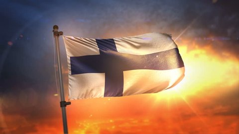 Finland Flag Backlit At Beautiful Sunrise Loop Slow Motion 4K