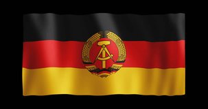 Flag of East Germany; conformed to long ratio (2:1); gentle, stylized, non-realistic, unhinged waving; seamless loop animation with alpha channel; nice textile pattern visible in 4k