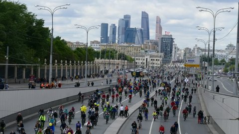 MAY 28, 2017, MOSCOW, RUSSIA: City of cyclists. Thousands of cyclists on a city street. Traditional Bicycle parade in Moscow.