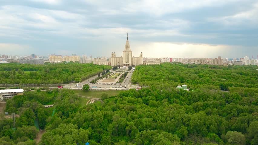 Aerial time lapse of the Moscow State University MSU and Vorobievy Gory or Sparrow Hills recreation area. 4K video