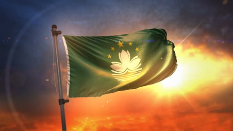 Macau Flag Backlit At Beautiful Sunrise Loop Slow Motion 4K
