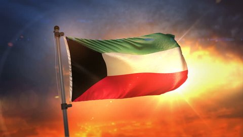 Kuwait Flag Backlit At Beautiful Sunrise Loop Slow Motion 4K