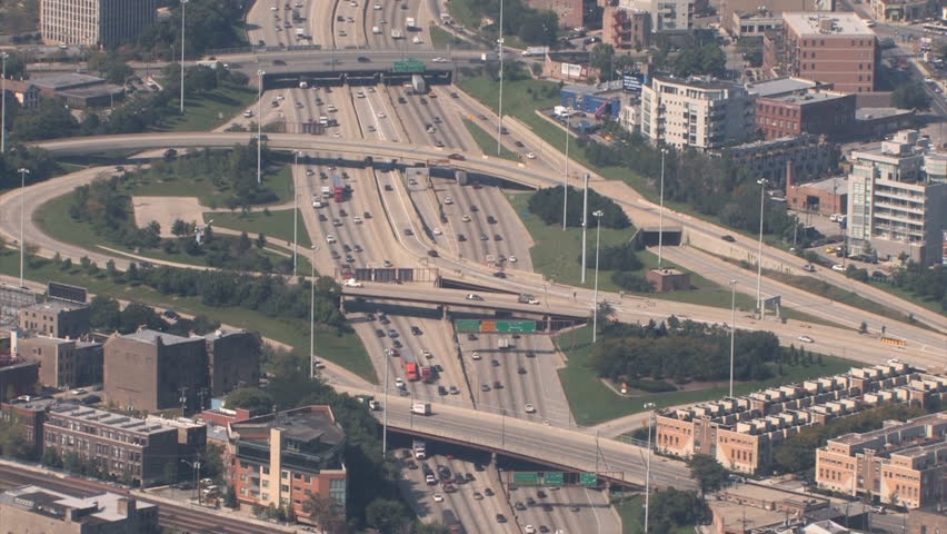 Aerial view of highway interchange in Chicago, Illinois. timelapse 