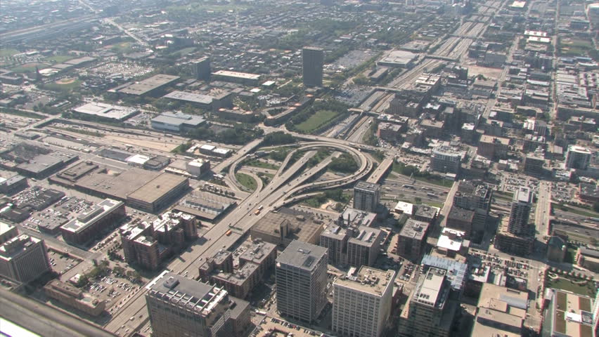 Aerial view of highway interchange in Chicago, Illinois 