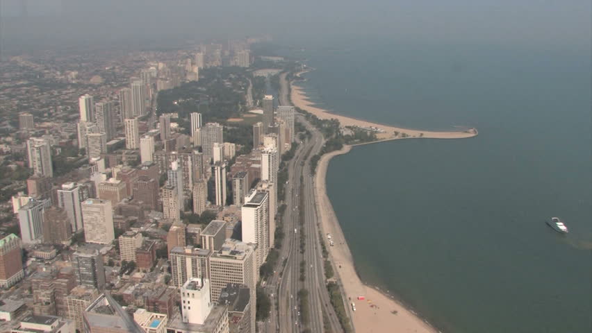 Aerial view of Lincoln Park and Lake Michigan with the Lakeshore Drive in
