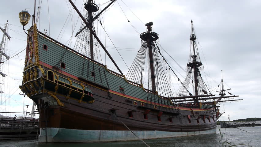 Dutch historic ship in harbor, side view