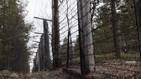 Aftermath of war, cold war. Great powers competition, Warsaw Pact and NATO confrontation. Rusty barbed wire fence (in two rows) on former border of Soviet Union and Scandinavian countries. 