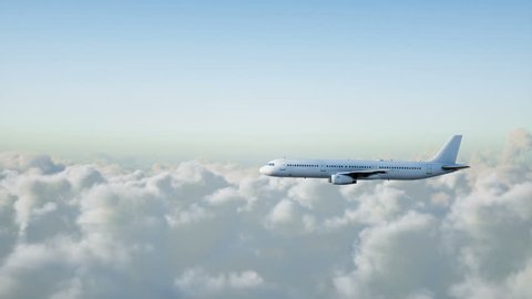 Passenger airbus a321 flying in the clouds. Travel concept. Realistic 4K animation.