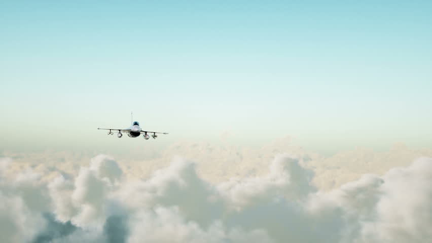 Jet, fighter flying over clouds . War and weapon concept. Realistic 4k animation.