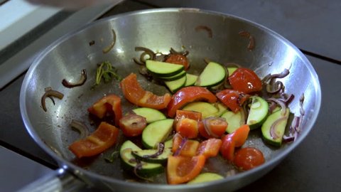 the vegetables are fried in a pan