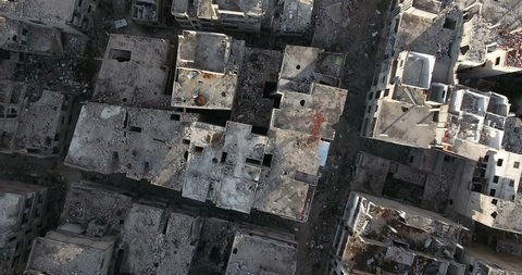 A flight of a drone over the city of Homs in Syria  03/04/2017 - Homs - Syria 