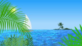 A sunny day and a view from beach with palm trees to sea with a yacht. 4K Ultra High Definition video animation loop.