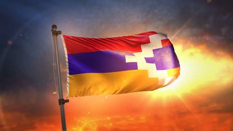 Nagorno-Karabakh Republic Flag Backlit At Beautiful Sunrise Loop Slow Motion 4K