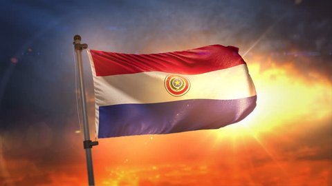 Paraguay Flag Backlit At Beautiful Sunrise Loop Slow Motion 4K