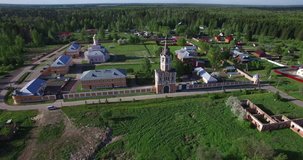 Video footage drone aerial video with view of Zosimova Pustin sobor women cathedral located in surroundings of Podolsk town in central Russia, south of Moscow