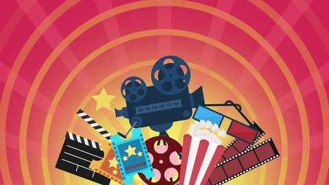 Animation of colorful cartoon Cinema and theater stuff. Cinematic camera, tape, popcorn and movie clacker over sunburst loop. Cinema Background. Cinematography, Cinema and entertainment Concept
