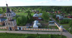 Video footage drone aerial video with view of Zosimova Pustin sobor women cathedral located in surroundings of Podolsk town in central Russia, south of Moscow
