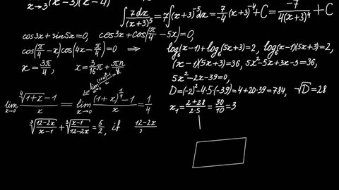Math calculations or formulas appearing in chalk on black board, computer generated loopable motion background.