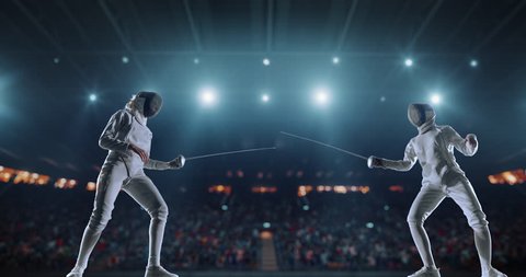 4K video in slow motion of two female fencing athletes. The action takes place on professional sports arena with spectators and lense-flares. Women wear unbranded sports clothes. Arena is made in 3D.
