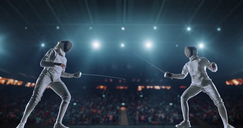 4K video in slow motion of two female fencing athletes. The action takes place on professional sports arena with spectators and lense-flares. Women wear unbranded sports clothes. Arena is made in 3D.