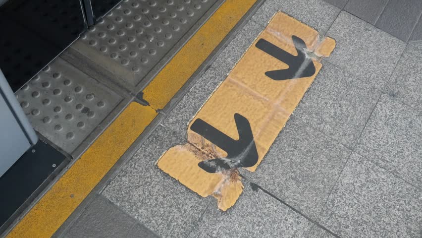 People walk on arrow symbol on BTS skytrain station floor in Bangkok, Thailand